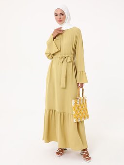 Kolları Volan Detaylı Kuşaklı Fıstık Yeşili Elbise