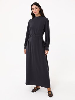 Medine İpeği Kemer Detaylı Antrasit Elbise