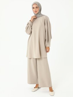 Pili Detaylı Tunik Pantolon İkili Krep Vizon Takım