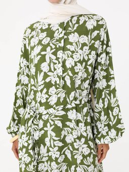 Yarım Patlı Baskılı Viskoz Yeşil Elbise