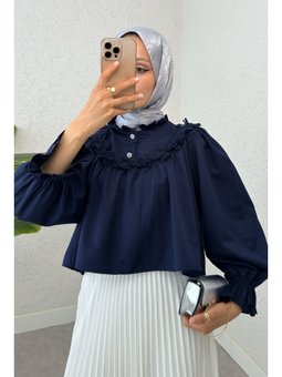 Balon Kol Etek Üstü Lacivert Bluz