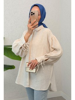 Manşet Bağcıklı Keten Bej Gömlek