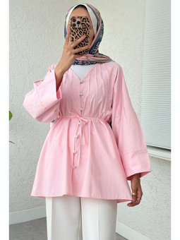 Nervür Detaylı Pembe Gömlek