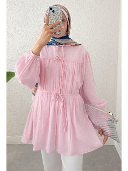 Ön Büzgülü Uzun Pudra Tunik