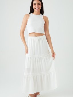 Beyaz Uzun Dantel Detaylı Etek