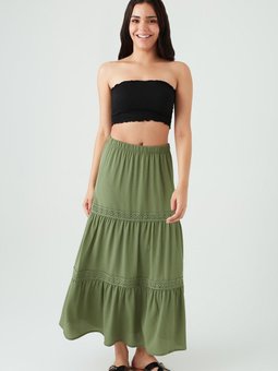 Haki Uzun Dantel Detaylı Etek