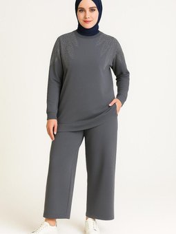 Gri Zarif Taş Detaylı Tunik Pantolon İkili Takım