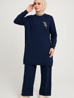 Lacivert Şık Zarif Kuş Taş Detaylı Ve Bisiklet Yaka Tunik Pantolon İkili Takım