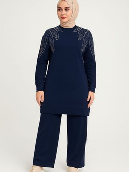Lacivert Zarif Taş Detaylı Tunik Pantolon İkili Takım