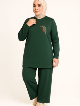 Yeşil Şık Zarif Kuş Taş Detaylı Ve Bisiklet Yaka Tunik Pantolon İkili Takım