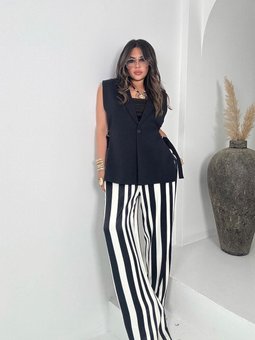 Ekru Siyah Viskon Saten Çizgili Beli Lastikli Pantolon