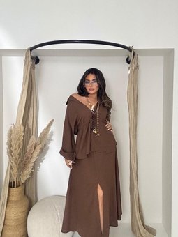 Kahve Uzun Keten Pamuk Yırtmaçlı Etek