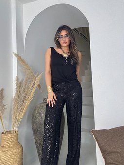 Siyah Payetli Bol Paça Pantolon