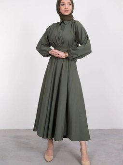 Haki Yaka Düğmeli Kloş Gömlek Elbise