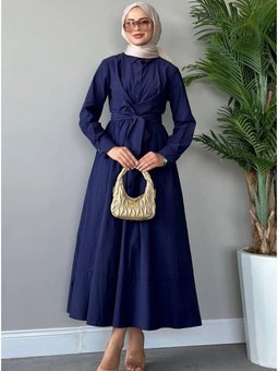 Lacivert Yaka Bağlamalı Poplin Kumaş Gömlek Elbise