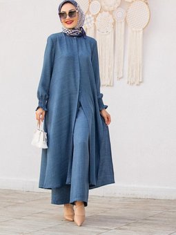 Mavi Keten Uzun Tunikli Pantolonlu İkili Takım