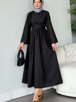 Siyah Keten Yan Çapraz Bağlamalı Elbise