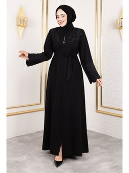 Beli Kuşaklı İşlemeli Abaya Siyah