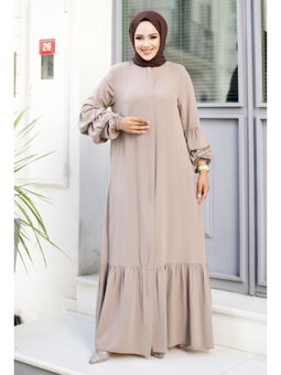 Çift Balon Kol Detaylı Eteği Volanlı Bej Ferace