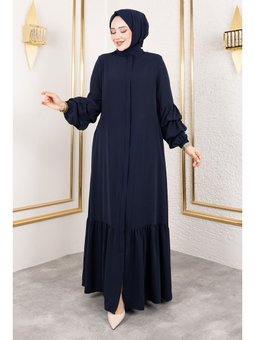 Çift Balon Kol Detaylı Eteği Volanlı Lacivert Ferace