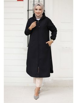 Fermuarlı Kolu Lastikli Siyah Trençkot