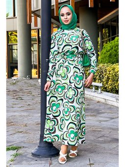 Manolya Desenli Beli Lastikli Yeşil Elbise