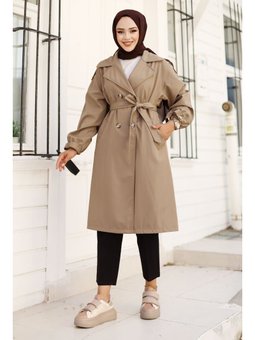 Omuzu Apolet Detaylı Beli Kuşaklı Vizon Trençkot