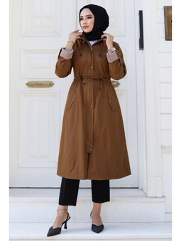 Önden Çıtçıtlı Astarı Çizgili Taba Trençkot