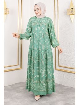 Patlı Yarım Düğmeli Viskon Yeşil Elbise