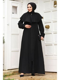 Yakası Fırfır Detaylı Siyah Ferace