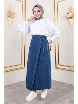 Yandan Bağlamalı Kot Koyu Mavi Etek