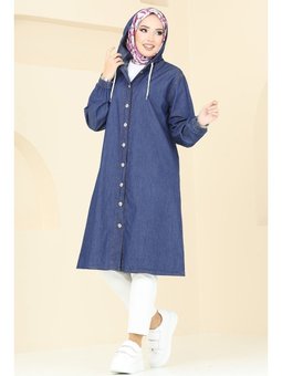 Kapüşonlu Düğmeli Denim Mavı Kap Mavi
