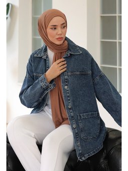 Kar Yıkama Çift Cepli Düğmeli Kot Ceket Koyu Mavi