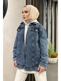 Omuz Taş Detaylı Oversize Kot Ceket Koyu Mavi