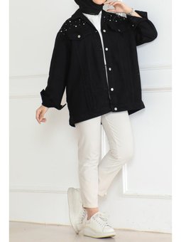 Omuz Taş Detaylı Oversize Kot Sıyah Ceket Siyah