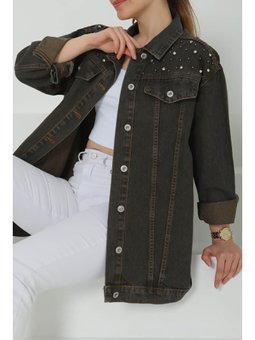 Omuz Taş Detaylı Oversize Kot Yıkama Ceket Kahve Tint Yikama