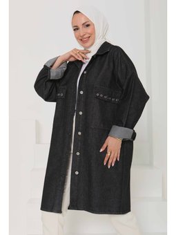 Oversize Kuş Gözü Cepli Kot Ceket Füme