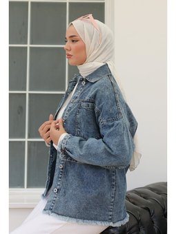 Oversize Püskül Detay Yaka Cep Kot Ceket Koyu Mavi