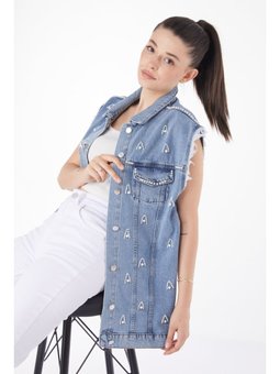 Taşlı Kot Mavı Yelek Mavi