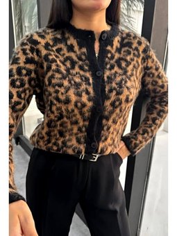 Yünlü Leopar Desenli Crop Triko Sıyah Hırka Siyah
