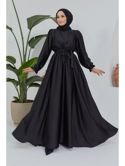 Siyah Liza Kuşaklı Saten Abiye Elbise