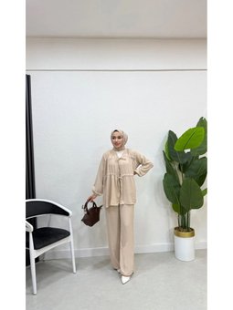 Ayrobin Bağcıklı Pantolonlu Alt Üst Bej Takım