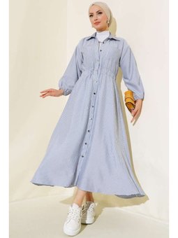 Boydan Metal Düğmeli Çizgili İndigo Elbise