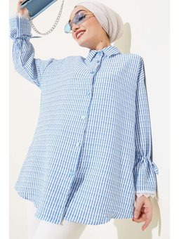 Çizgili Kolu Dantelli Gofre Mavi Gömlek