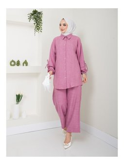 Düğmeli Keten İkili Pudra Takım