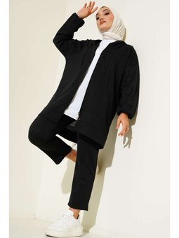 Kapüşonlu Fermuarlı İkili Siyah Takım