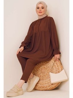 Önü Düğmeli Bürümcük İkili Kahverengi Takım