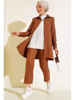 Top Düğmeli Keten İkili Kahverengi Takım