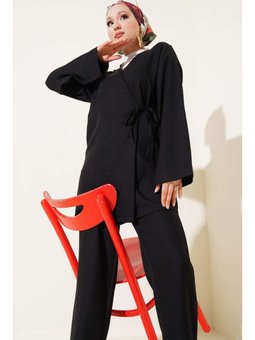 Yandan Bağlamalı Kimono İkili Siyah Takım