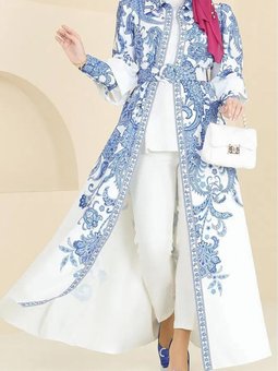 Mavi Kemerli Yaka Desenli Gömlek Elbise